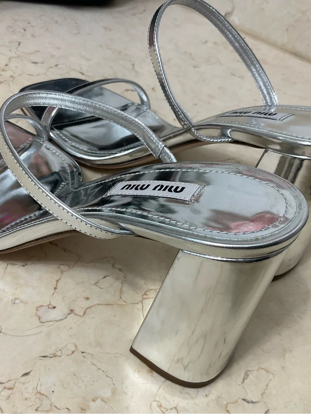 Miu Miu Metallic Silver Two-Strap Block Heel Sandals